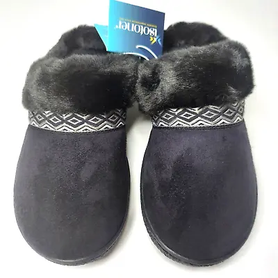 Isotoner Women's Size 7.5-8 Black Slip On Memory Foam Slippers Faux Fur NEW • $20.99