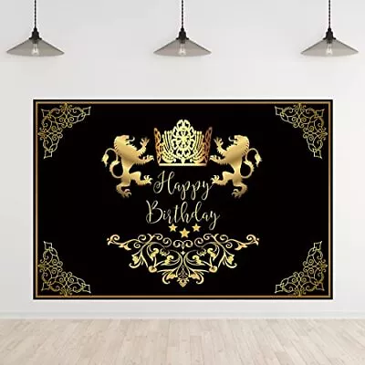 Black And Gold Crown Happy Birthday Backdrop Golden Lion King Birthday Party ... • $26.55