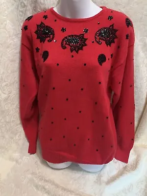 VTG Dana Scott Sweater Red/Black Christmas Sequin Beads Embellished 80s Womans M • $14.99