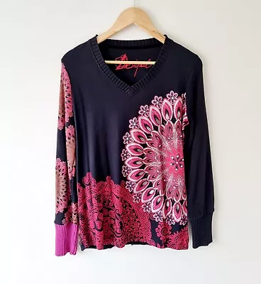 DESIGUAL Black Pink Long Sleeve Stretchy Jersey Top SIZE XXL 14 V-neck • $36.50