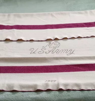 Blanket Vintage 1944 US Army MD Hospital Wool Cream Maroon Stripe 54x72  EUC • $125