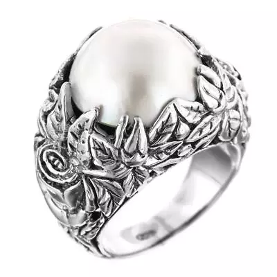 Bold Pacific White Mabe Cultured Pearl Leaf Cradle 925 Sterling Silver Ring • $49.95