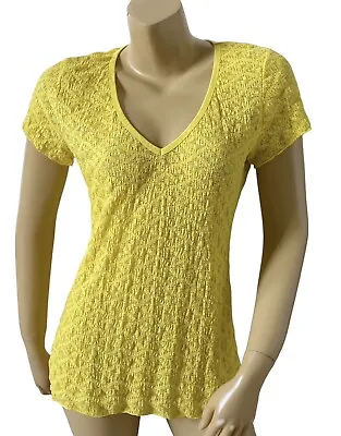 MODA INTERNATIONAL Womens Size Large Sheer Yellow Lace V Neck Short Sleeve Shirt • $17.59