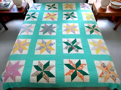 NEEDS SOME TLC! Vintage Feed Sack Hand Sewn LeJEUNE STAR Quilt; 80  By 69  • $15