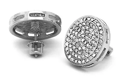 Mens Large Silver Plated Iced Micro Pave CZ Round Screw Back Earrings 16mm • $11.99