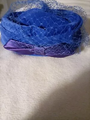 Vintage Blue Velvet Pill Box Hat With Ribbon And Netting • $20