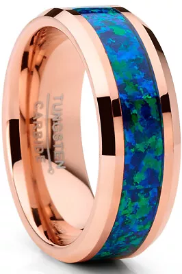 Men's Rosegold-tone Tungsten Carbide Wedding Band Ring Blue Green Opal Inlay • $38.99