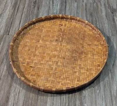 Vintage Handmade Traditional Bamboo Rattan Wicker Round Serving Tray Basket 18  • $15