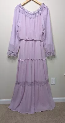 Vintage 70s Roberta Sz 11 Gauze Prairie Maxi Dress Boho Lilac Lace Bell Sleeve • $110