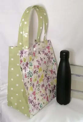 Lunch Tote With Snap Fastener Lavender/green Spot Cotton Oilcloth 25x32x14cms • £10.95