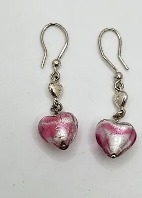 Sterling Silver Murano Glass Heart Earrings Bridal Jewelry Pink Heart... • $28.99