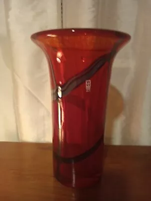 Signed Mdina Glass Malta Red Ribbon Glass 10-1/2  High X 13-1/2  Around   • $215