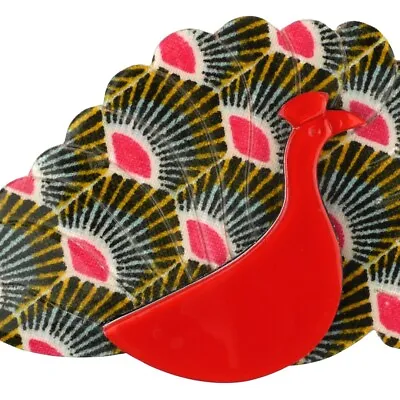 LEA STEIN PARIS Brooch Peacock In Multicolor Fabric And Red Acetate France • $95