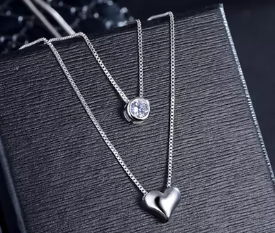 £4.45 • Buy 925 Sterling Silver Two Layer Heart Crystal Pendant Necklace Women Jewellery UK