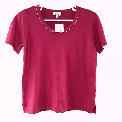Quacker Factory Top Size Medium Pink Cotton Blend Sweater Jeweled Neckline NEW • $16