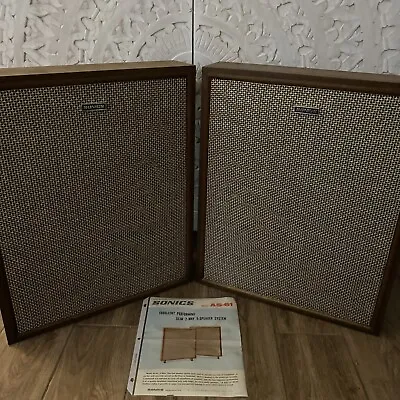 Vintage 70's Pair Of MCM Sonics Thin Profile AS-61 Walnut Stereo 2 Way Speakers • £142.77