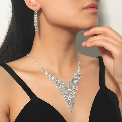 Silver Necklace And Earring Set Wedding Bridal Sparkle Diamante Rhinestone Prom • £8.75