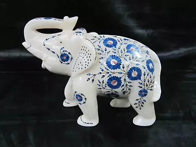 5  Exquisite White Marble Elephant With Lapis Lazuli Inlay Handcrafted Art Piece • $455