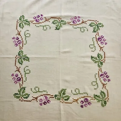 VINTAGE Hand Embroidered Cotton Tablecloth Wine Grapevine Harvest 48” Square  • $28