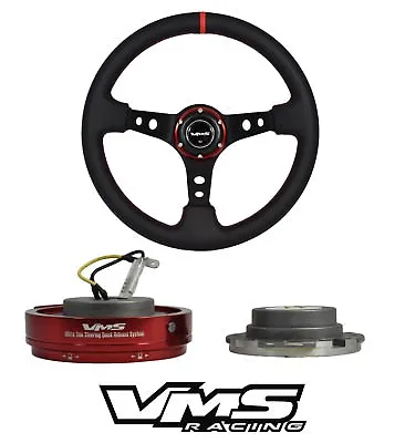 Vms Racing Red Leather 350mm Steering Wheel + Quick Release For Mitsubishi • $139.88