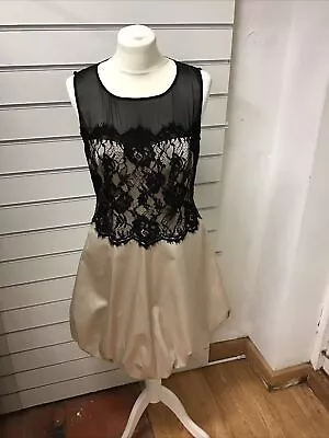 Karen Millen Bubble Hem Dress Size 12 Black Lace Top With Champagne Satin Skirt • £15