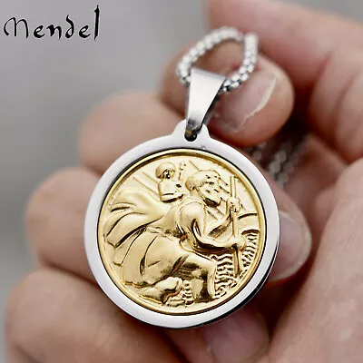 MENDEL Mens Gold St Saint Christopher Medal Pendant Necklace Stainless Steel Set • $13.99