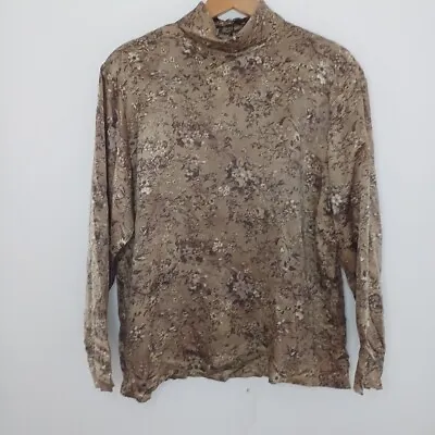 RARE Vintage Gold Floral Jaeger Blouse 100% Silk High Neck Shoulder Pads 36 12 • £26.99