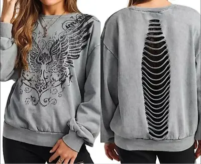 Affliction Women's STAMPED WINGS Lace Open Back Pullover Sweatshirt MEDIUM NWT • $53.99