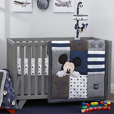 Mickey Mouse 4 Piece Hello World Denim/Star/Icon Nursery Crib Bedding Set Navy • $344.95