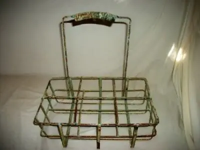 Antique Milk Bottle Carrier Chippy Green Paint Rusty Holds 6 Metal Wire • $80.85