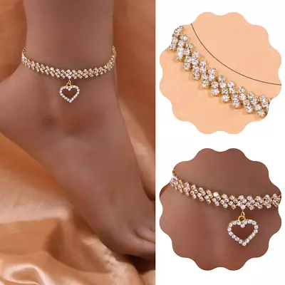 Women Heart Anklet Bracelet 925 Silver Crystal Ankle Foot Chain Jewelry Gifts • £3.49