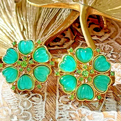 Brand NEW Vintage Gold Plated Resin/Rhinestone Earring Silver Post Green Lucky • $28