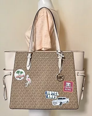 Michael Kors Gilly Miami Beige MK Signature Large Drawstring Tote  Shoulder BAG • $102.98