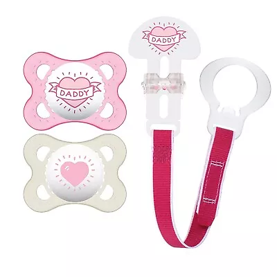 MAM 0-6m Girls I Love Daddy Value Set 2 Silicone Pacifiers & Clip Set • $8.45