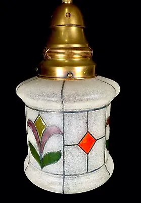 Antique Art Deco Glass Hall Lantern Ceiling Light / Textured Stained Glass C1920 • £275