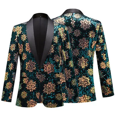 Men Flower Sequin Suit Jacket Dress Blazer Stage Showman Costume Coat Party • £87.59