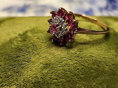 Vintage 10k Yellow Gold Ruby Diamond Double Halo Flower Ring.  Gorgeous! • $487