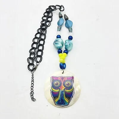Multicolor Owl On Abalone Shell Medallion Necklace Blue Yellow Beads Black Chain • $11.24