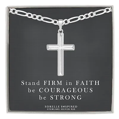 Mens Solid Sterling Silver Cross Necklace With 4mm Italian Figaro Chain Gift  • $54.95