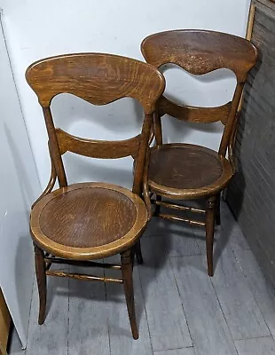 Antique Pair Victorian Quartersawn Mission Arts & Crafts Oak Wood Dining Chairs • $360