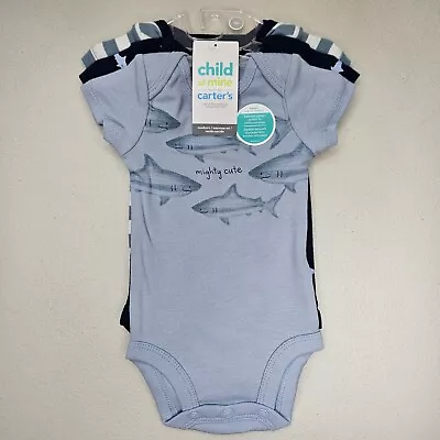 Carters Baby Boy Bodysuit Set Newborn 0 Months 3 Piece Blue Shark Great Gift • $9.99