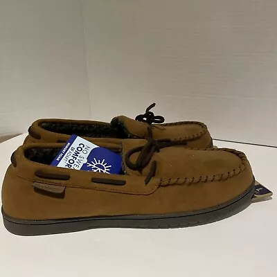 Dearfoams Men's Toby Microsuede Moccasin Slippers With Tie Chestnut Size L 11-12 • $16.99