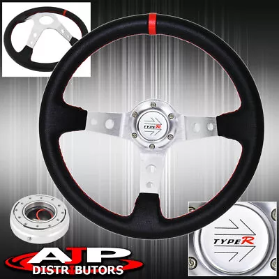 Jdm Black Red Stitches Steering Wheel Silver Quick Release Typer Horn Button • $49.99