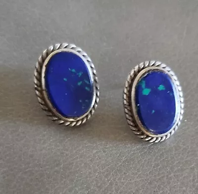 Sterling Silver Lapis Oval Post Earrings - 7/8  Long - 12 Grams • $17.50