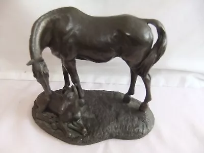 Vintage Cold Cast Bronze Mare & Foal Signed Front Base 17x19x10cm 1088 Grams • £46