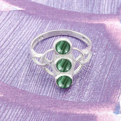 Natural Malachite Three Stone Ring Celtic Knot Ring 925 Sterling Silver Ring • $21.20