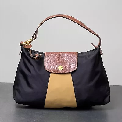 LONGCHAMP Bag Hobo Shoulder Black Brown Leather Strap Le Pliage Handbag Purse • $53.10