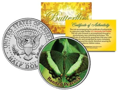 $8.95 • Buy BANDED PEACOCK BUTTERFLY JFK Kennedy Half Dollar US Colorized Coin