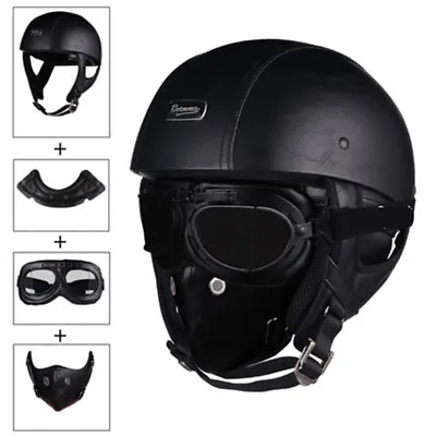 Vintage Motorcycle Half Helmet Leather Scooter Helmet With Face Mask&Goggles • $125.04