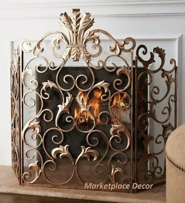 $395 • Buy Acanthus Leaf Antique Gold Scroll Design Fireplace Fire Screen Mesh Backing